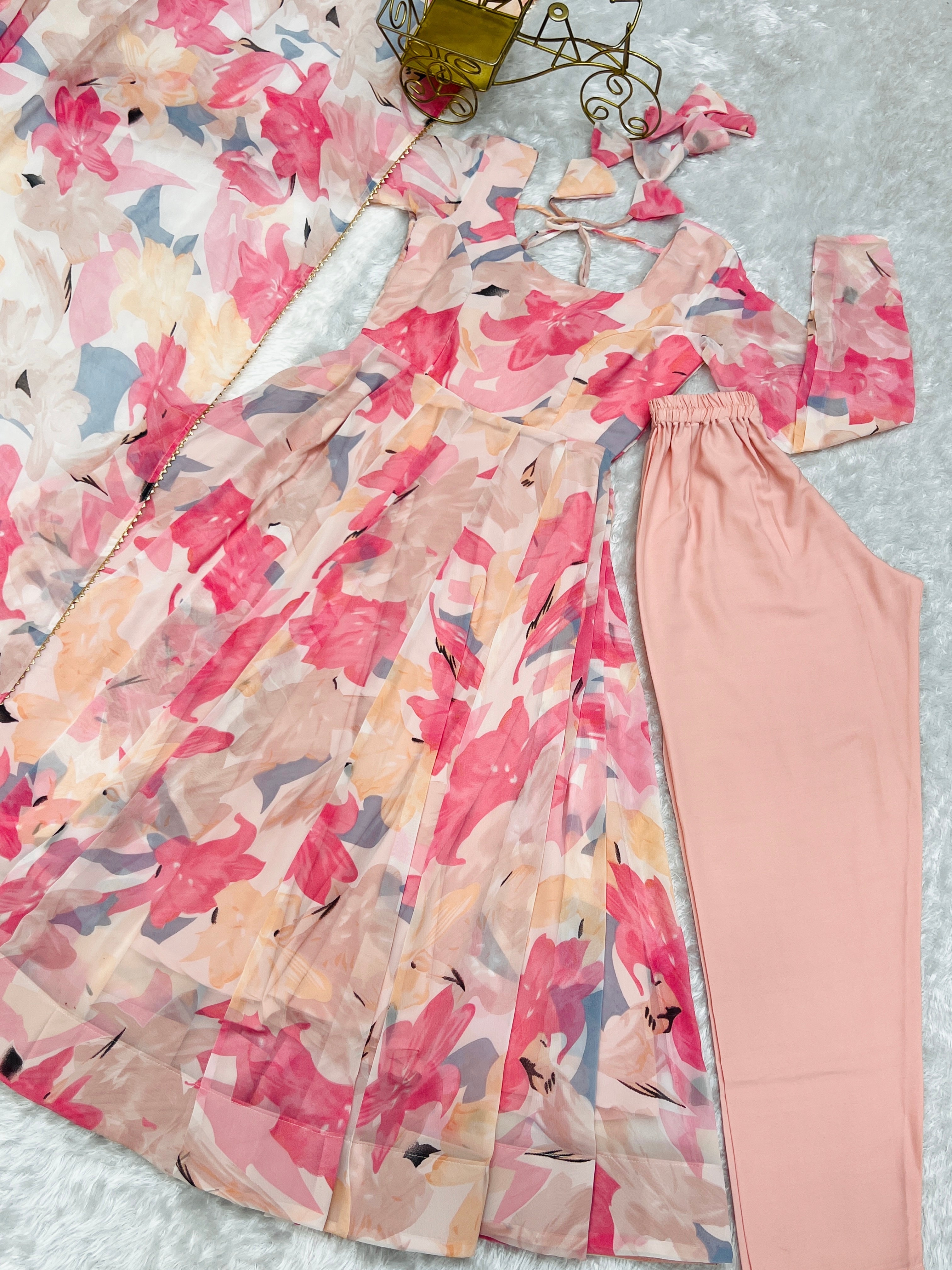 Women’s Peach Floral Print Faux Georgette Anarkali Kurta Set