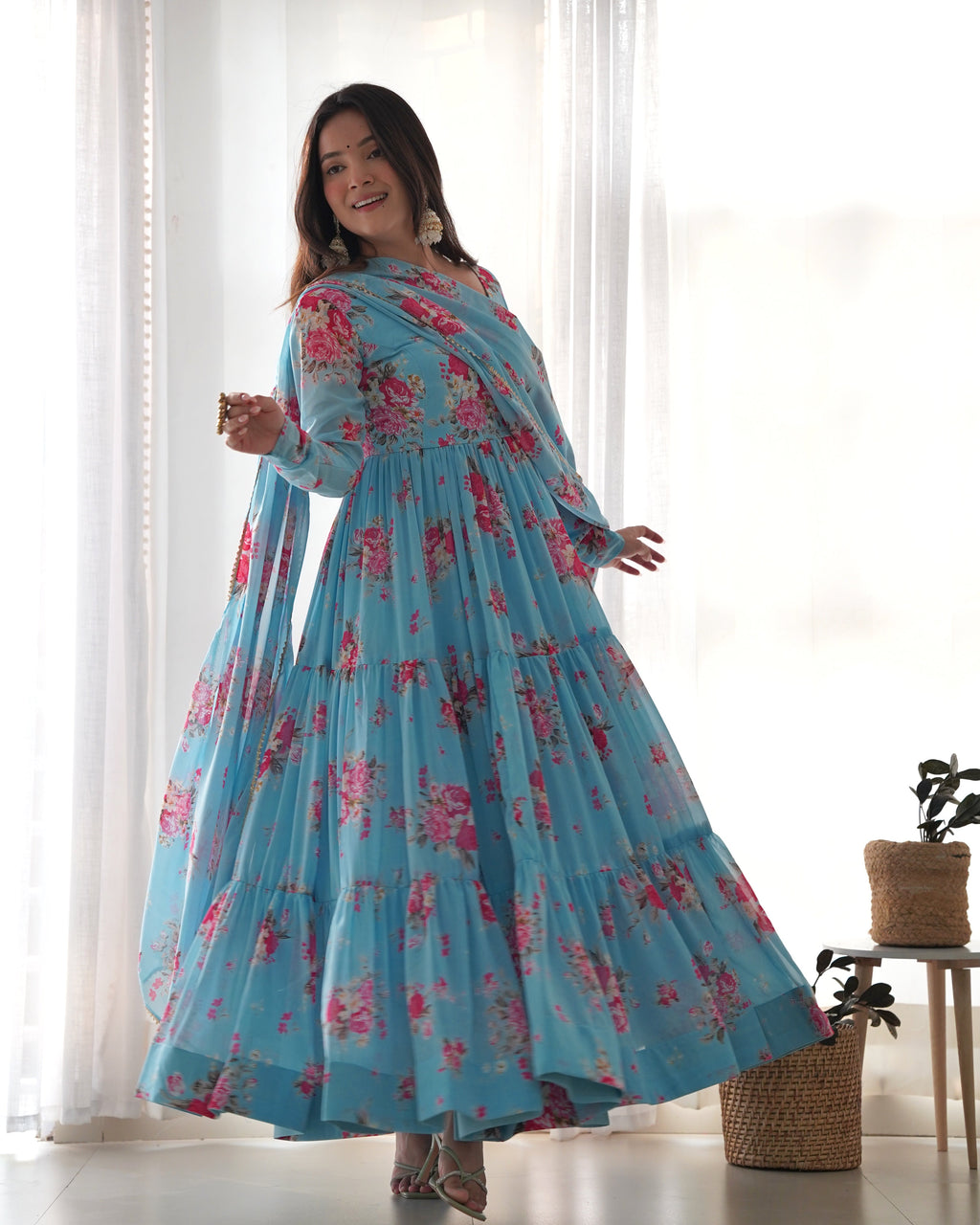 Skyblue Floral Print Faux Georgette Anarkali Suit Set