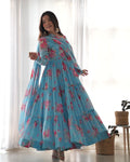 Skyblue Floral Print Faux Georgette Anarkali Suit Set