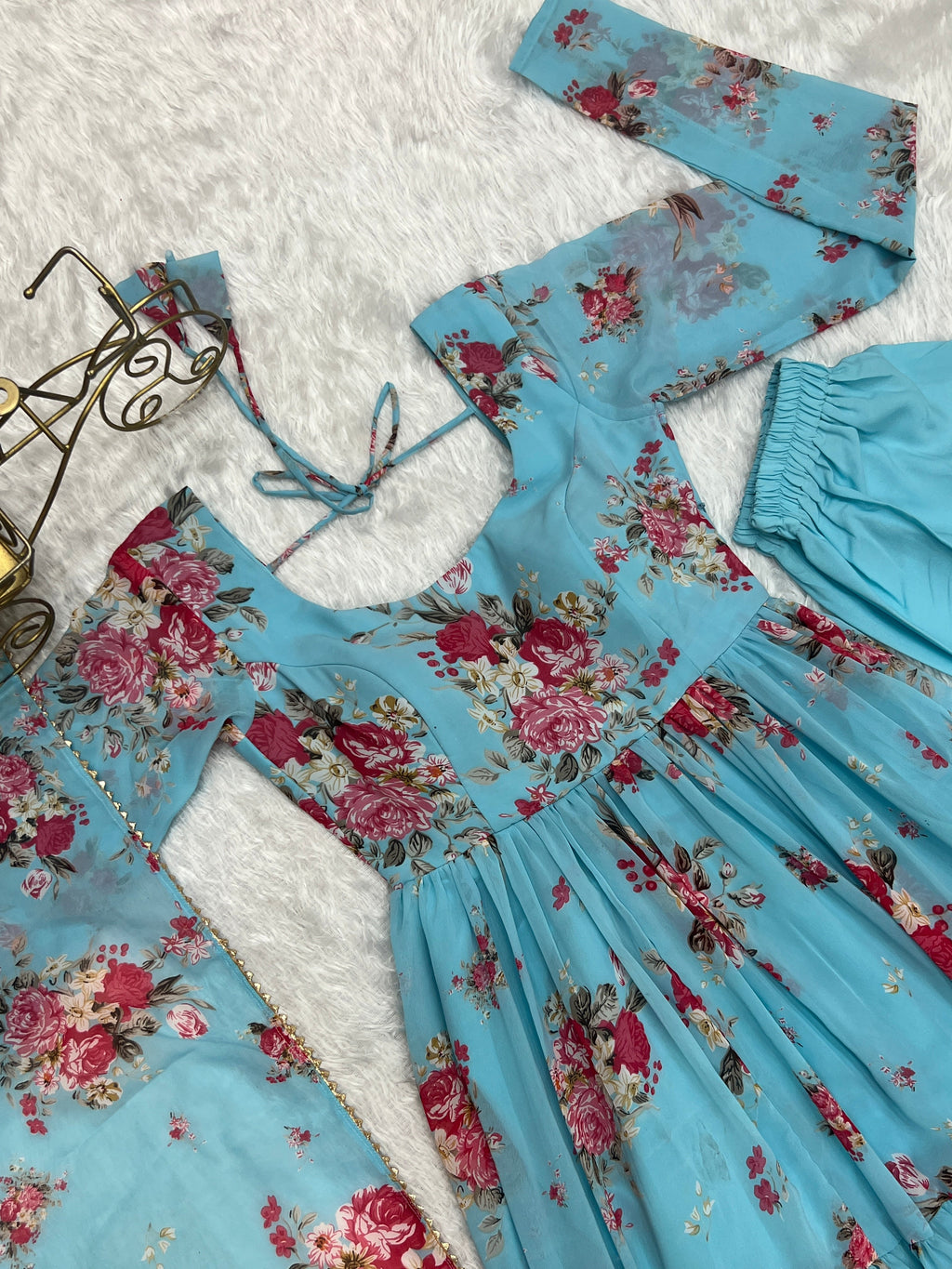 Skyblue Floral Print Faux Georgette Anarkali Suit Set