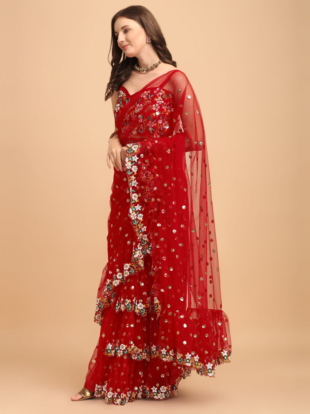 Lorenvalley Fashion Red Butterfly Net Ruffle Saree with Fancy Sequence work & Blouse