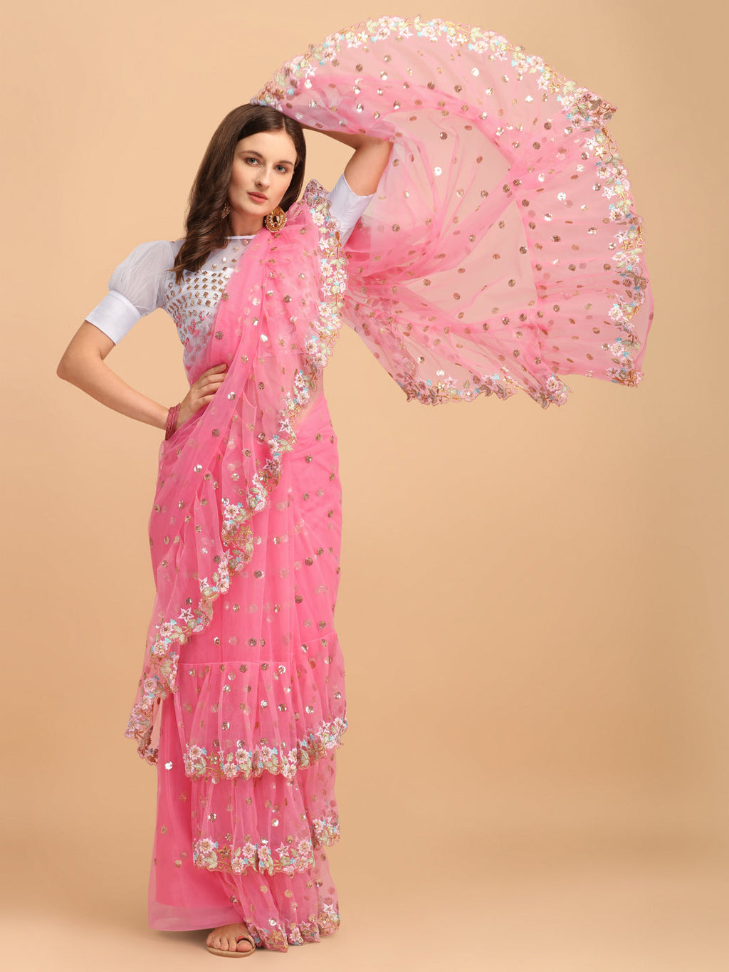 Pink Butterfly Net Ruffle Saree featuring intricate fancy sequence embroidery work