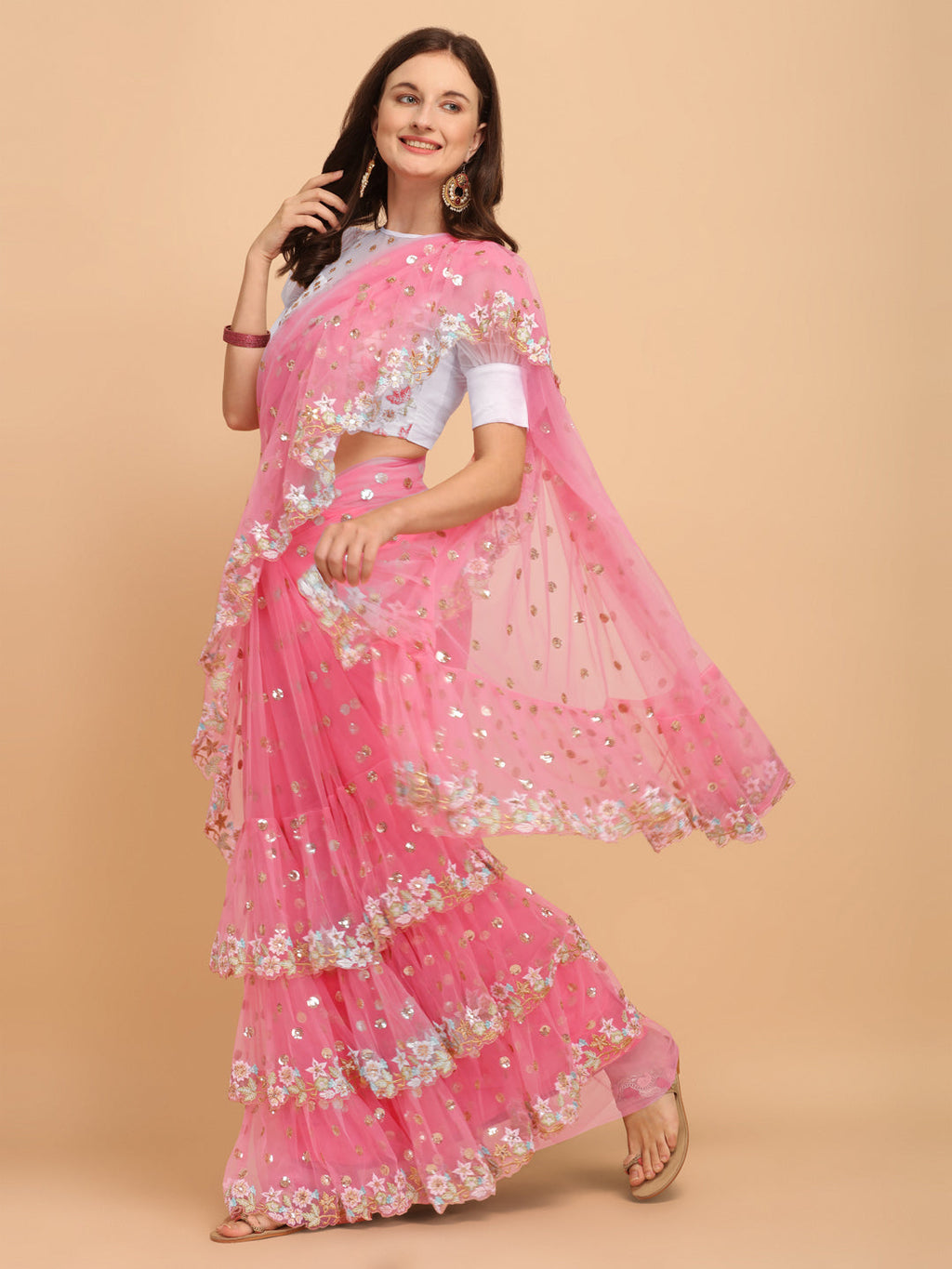 Pink Butterfly Net Ruffle Saree with Fancy Sequence Work