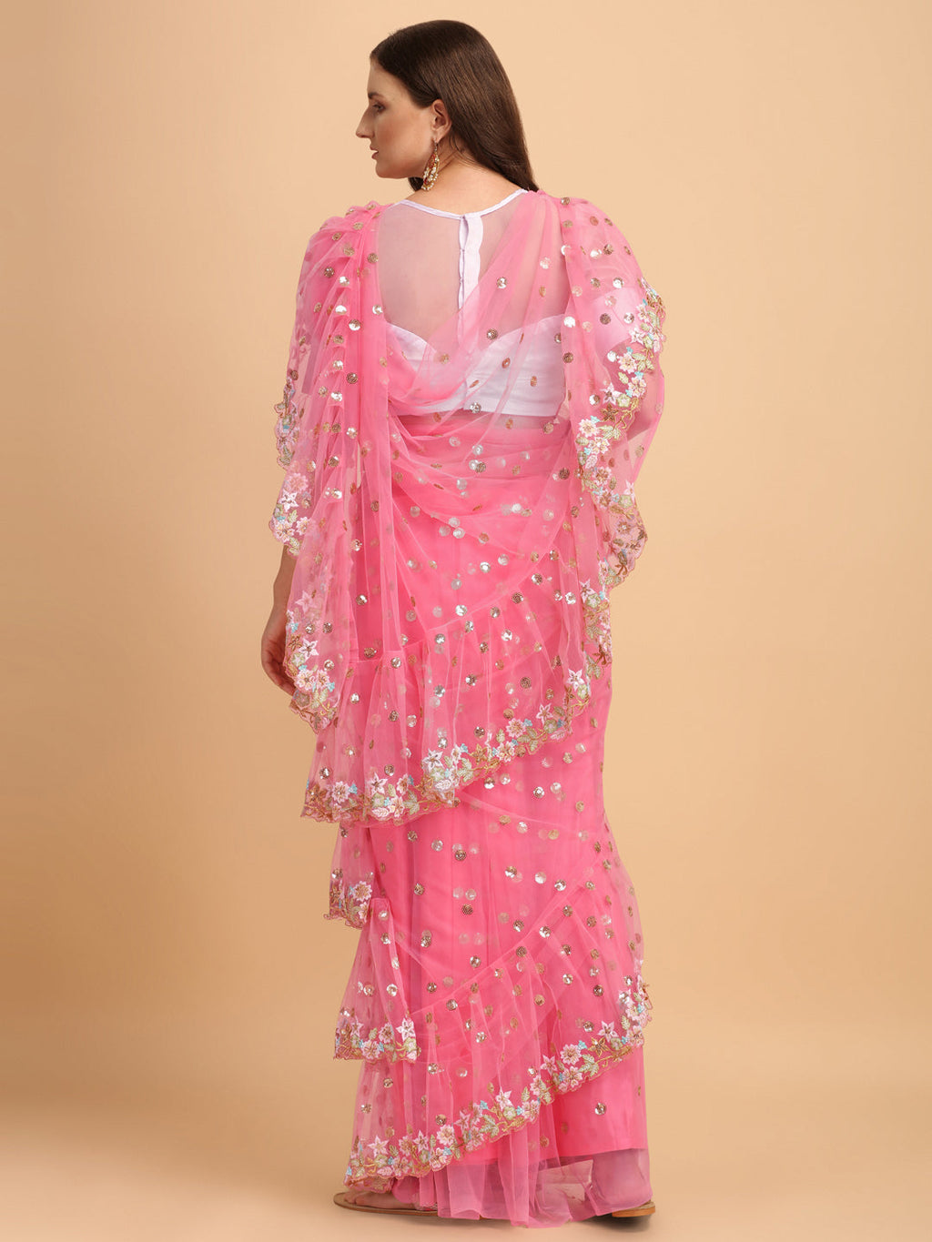 Pink Butterfly Net Ruffle Saree with Fancy Sequence Work