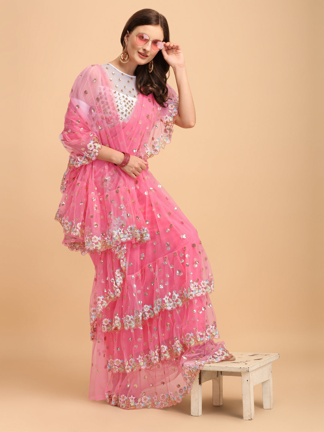 Pink Butterfly Net Ruffle Saree with Fancy Sequence Work