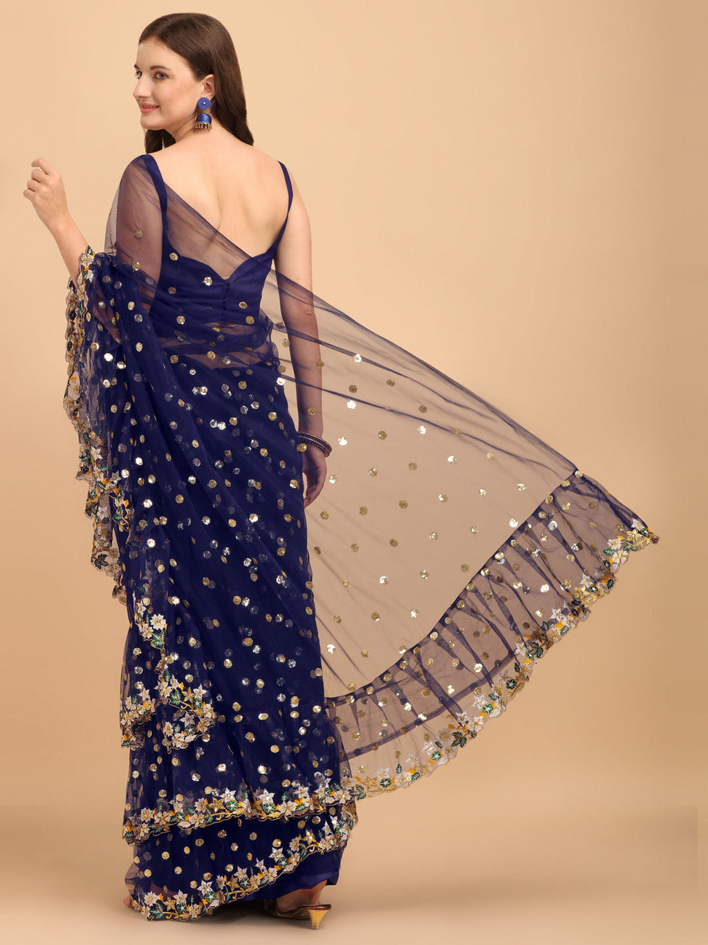 Lorenvalley Fashion Blue Butterfly Net Ruffle Saree with Fancy Sequence work & Blouse