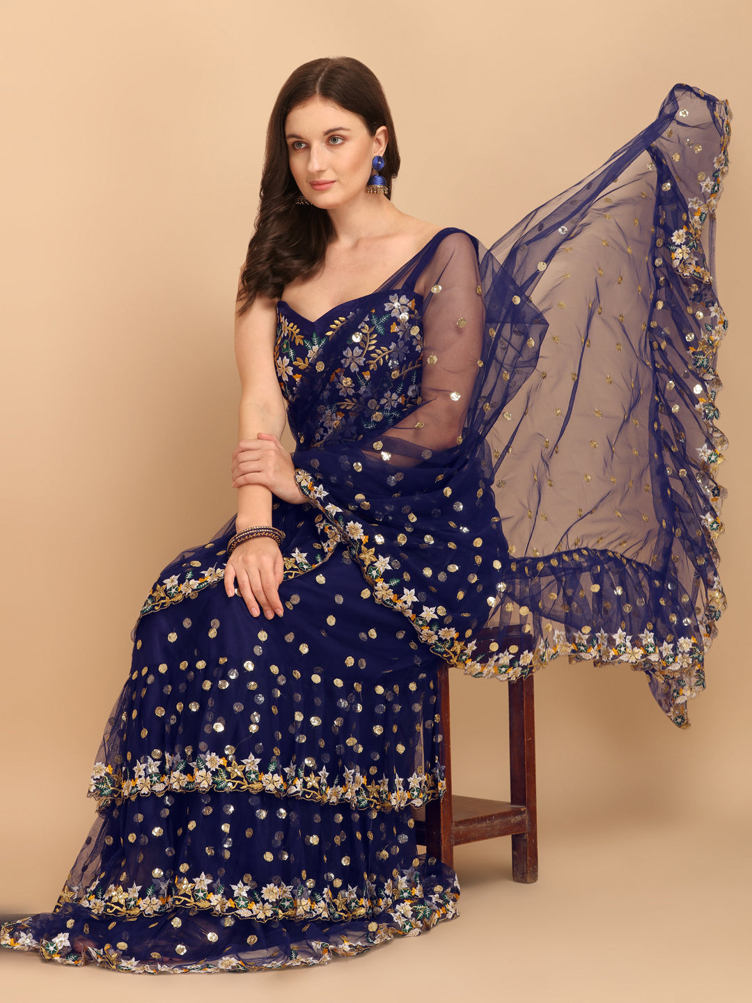 Lorenvalley Fashion Blue Butterfly Net Ruffle Saree with Fancy Sequence work & Blouse