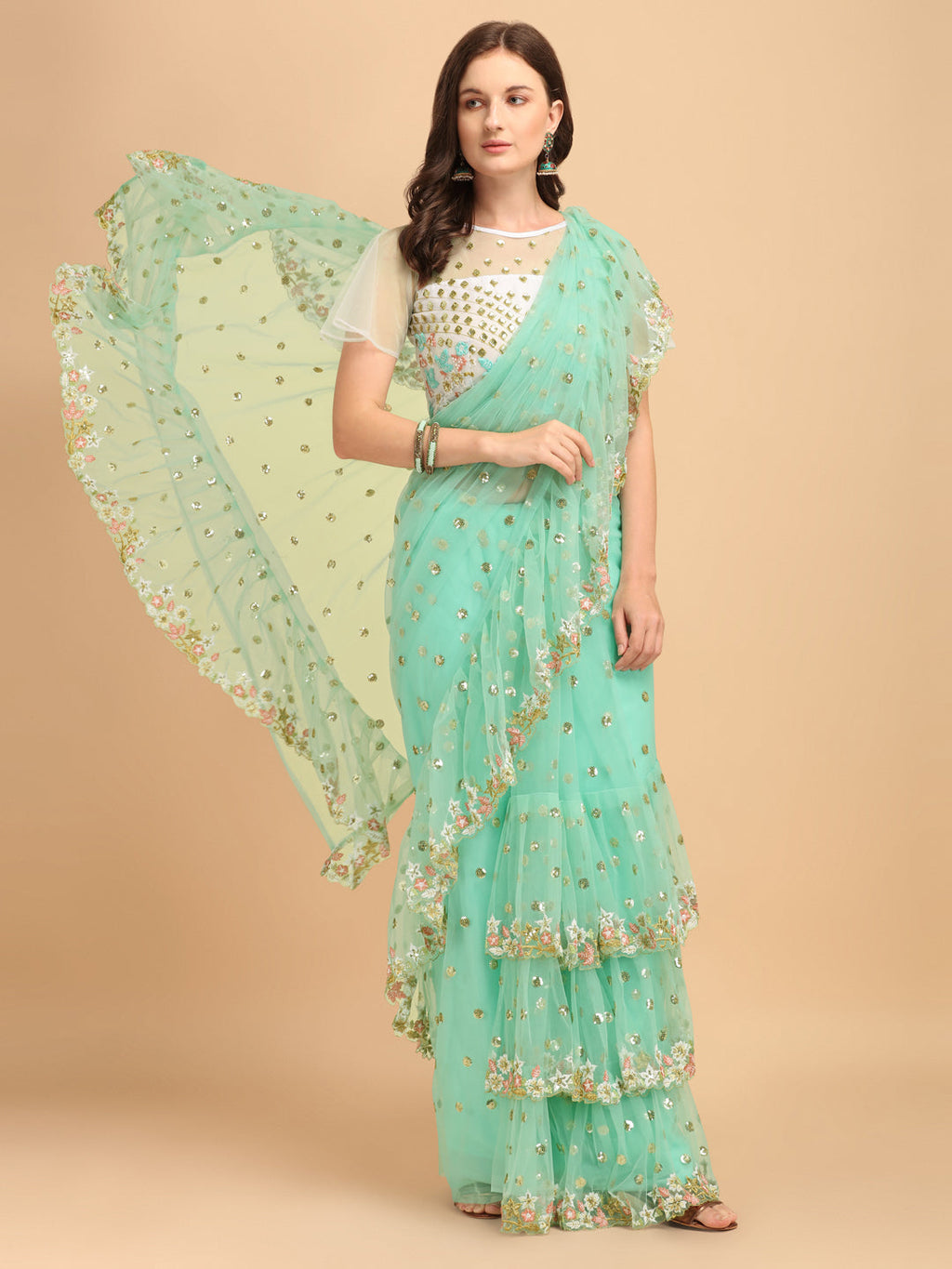 Seagreen butterfly net ruffle saree with fancy embroidery and un-stitched blouse piece