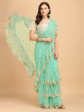 Seagreen butterfly net ruffle saree with fancy embroidery and un-stitched blouse piece