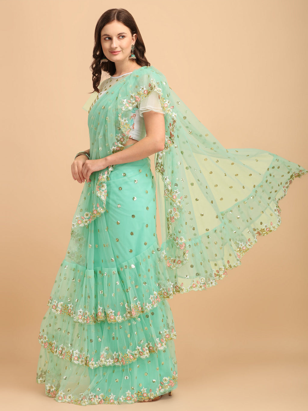Seagreen Butterfly Net Ruffle Saree with Fancy Sequence Work