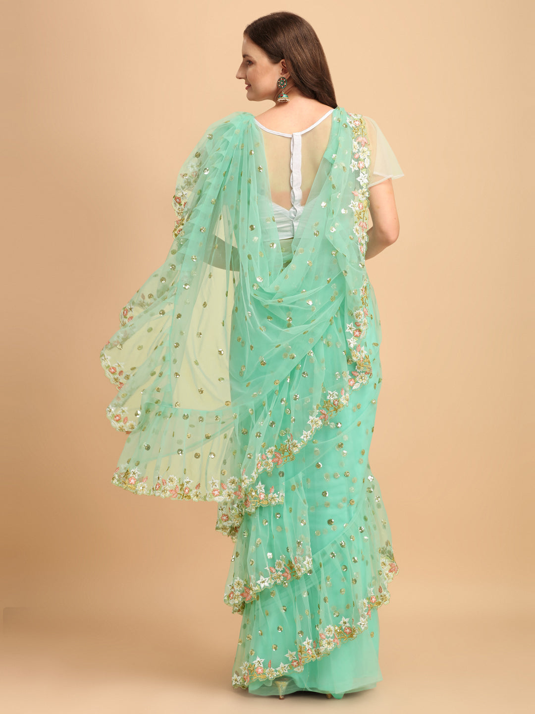 Seagreen Butterfly Net Ruffle Saree with Fancy Sequence Work