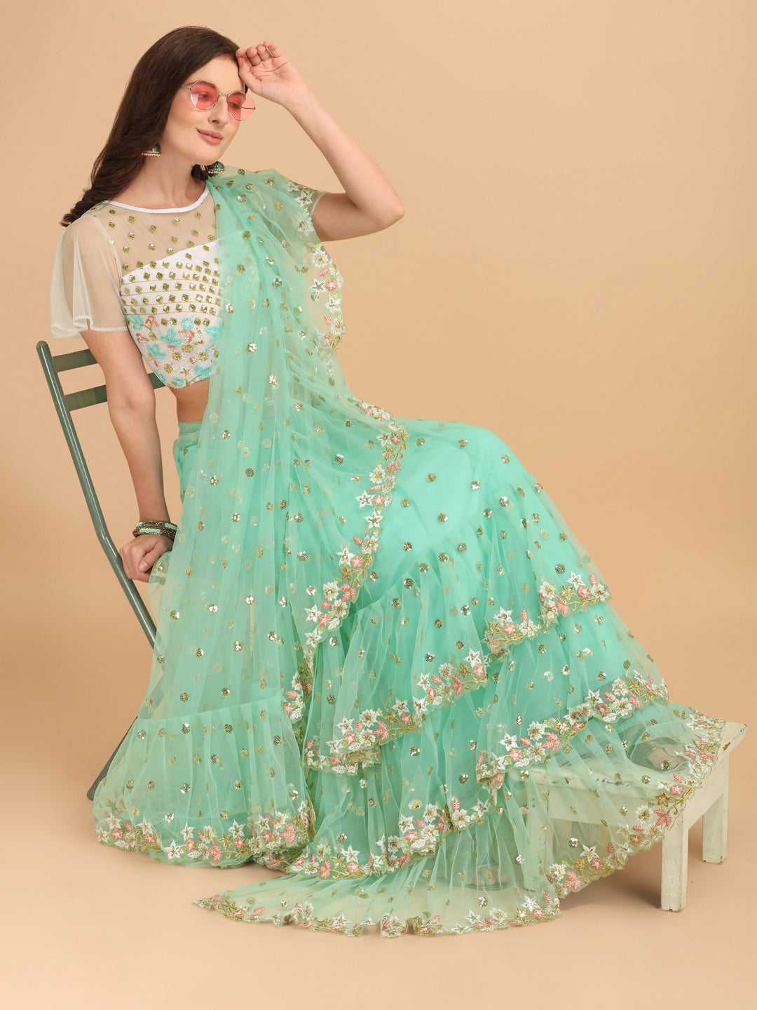 Seagreen Butterfly Net Ruffle Saree with Fancy Sequence Work