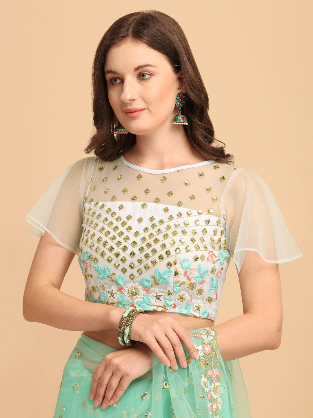 Seagreen Butterfly Net Ruffle Saree with Fancy Sequence Work