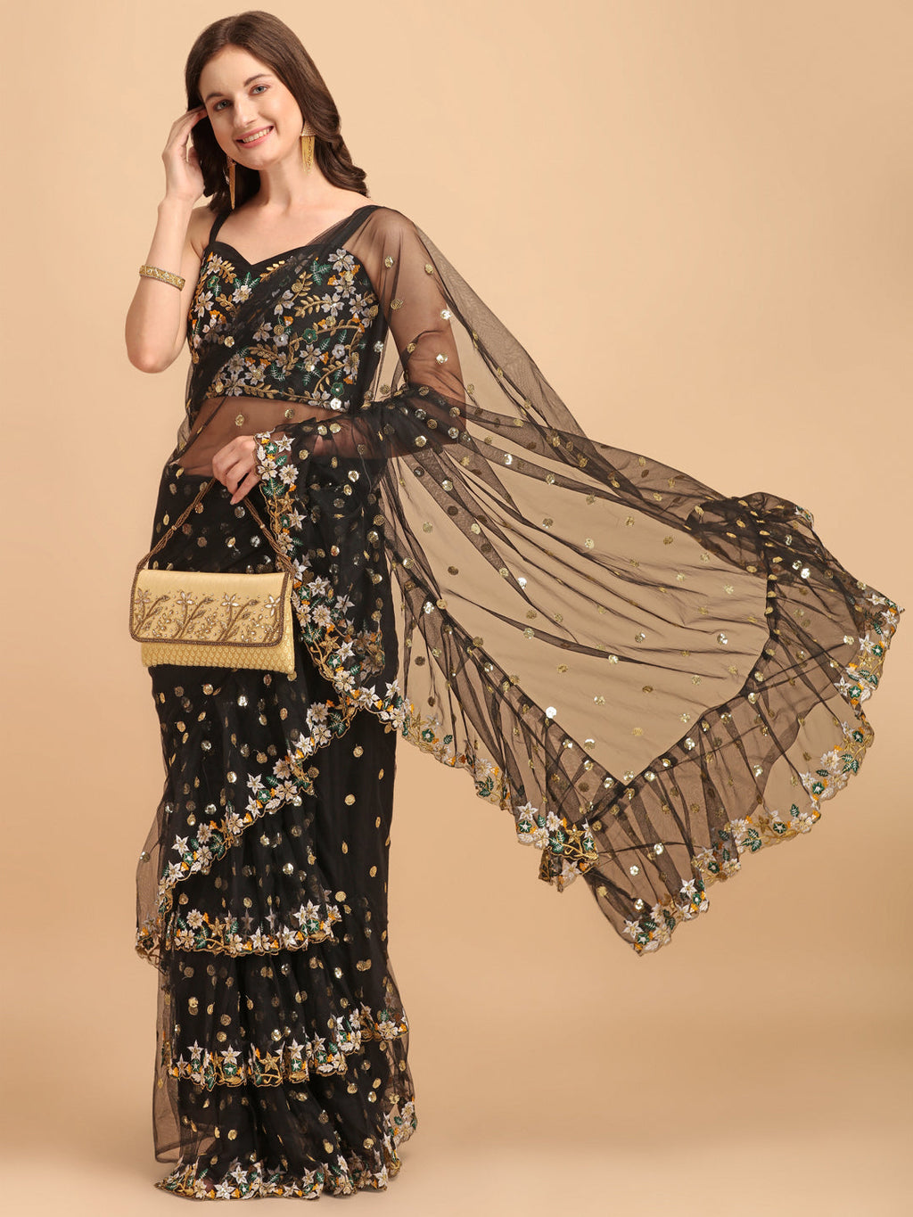 Black butterfly net ruffle saree with sequence embroidery work and Banglori silk blouse
