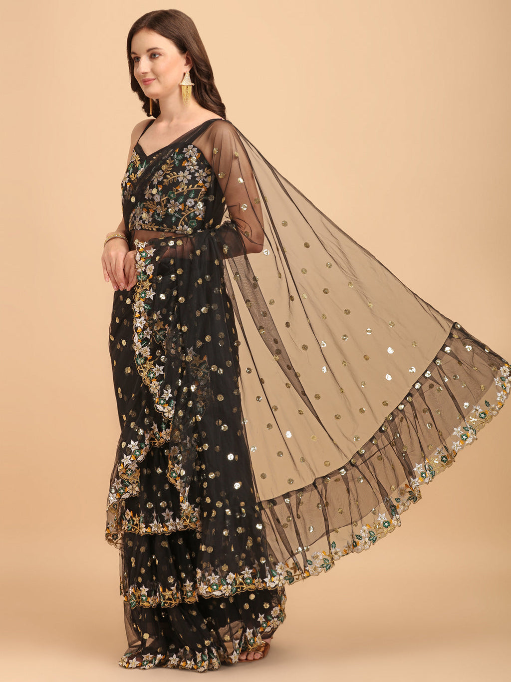 Black Butterfly Net Ruffle Saree with Fancy Sequence Embroidery