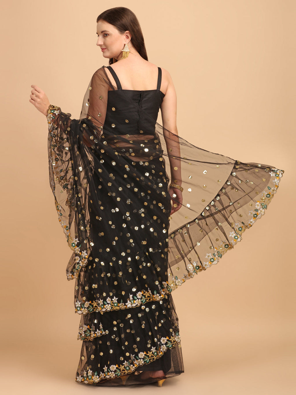 Black Butterfly Net Ruffle Saree with Fancy Sequence Embroidery