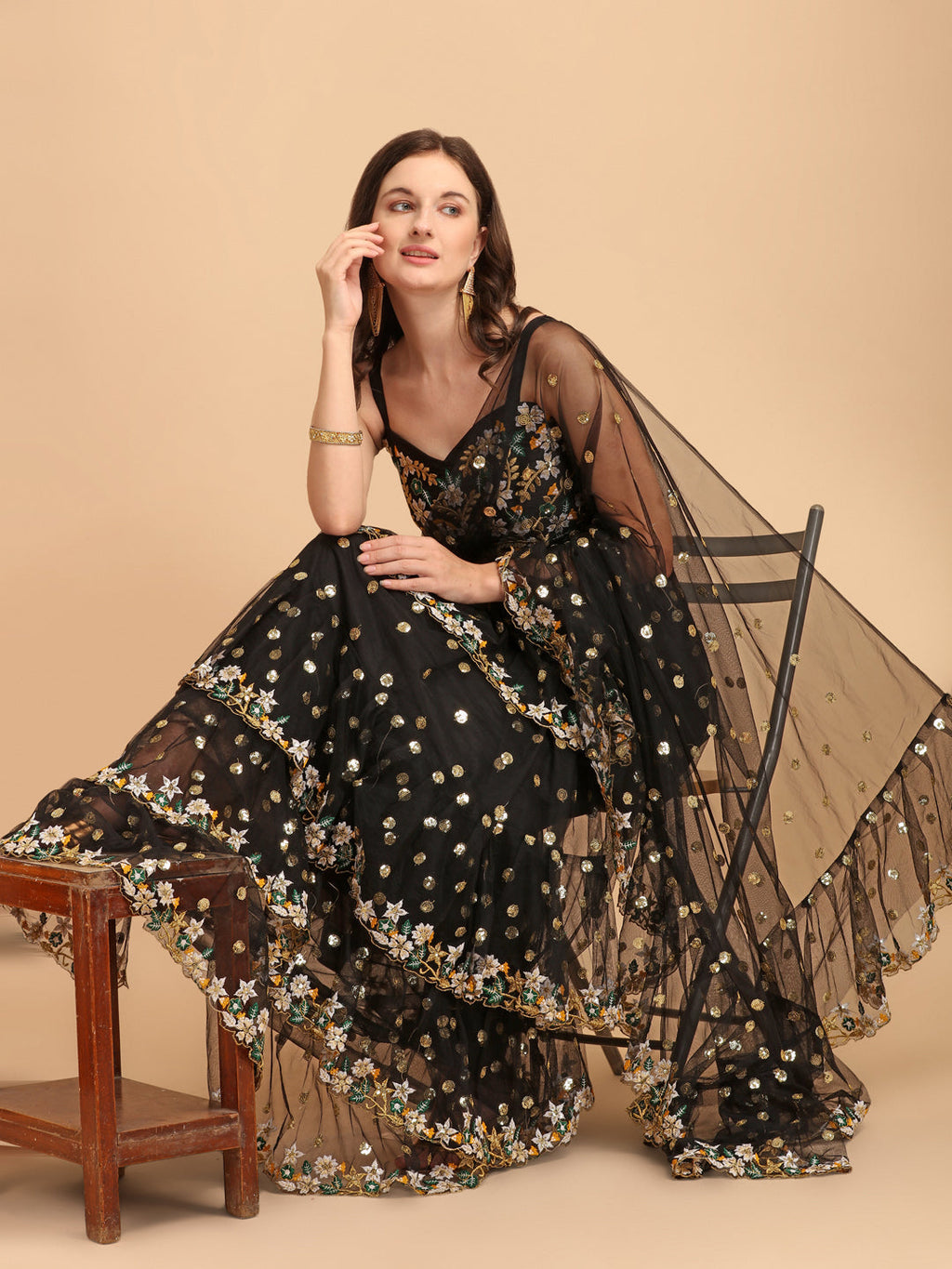 Black Butterfly Net Ruffle Saree with Fancy Sequence Embroidery