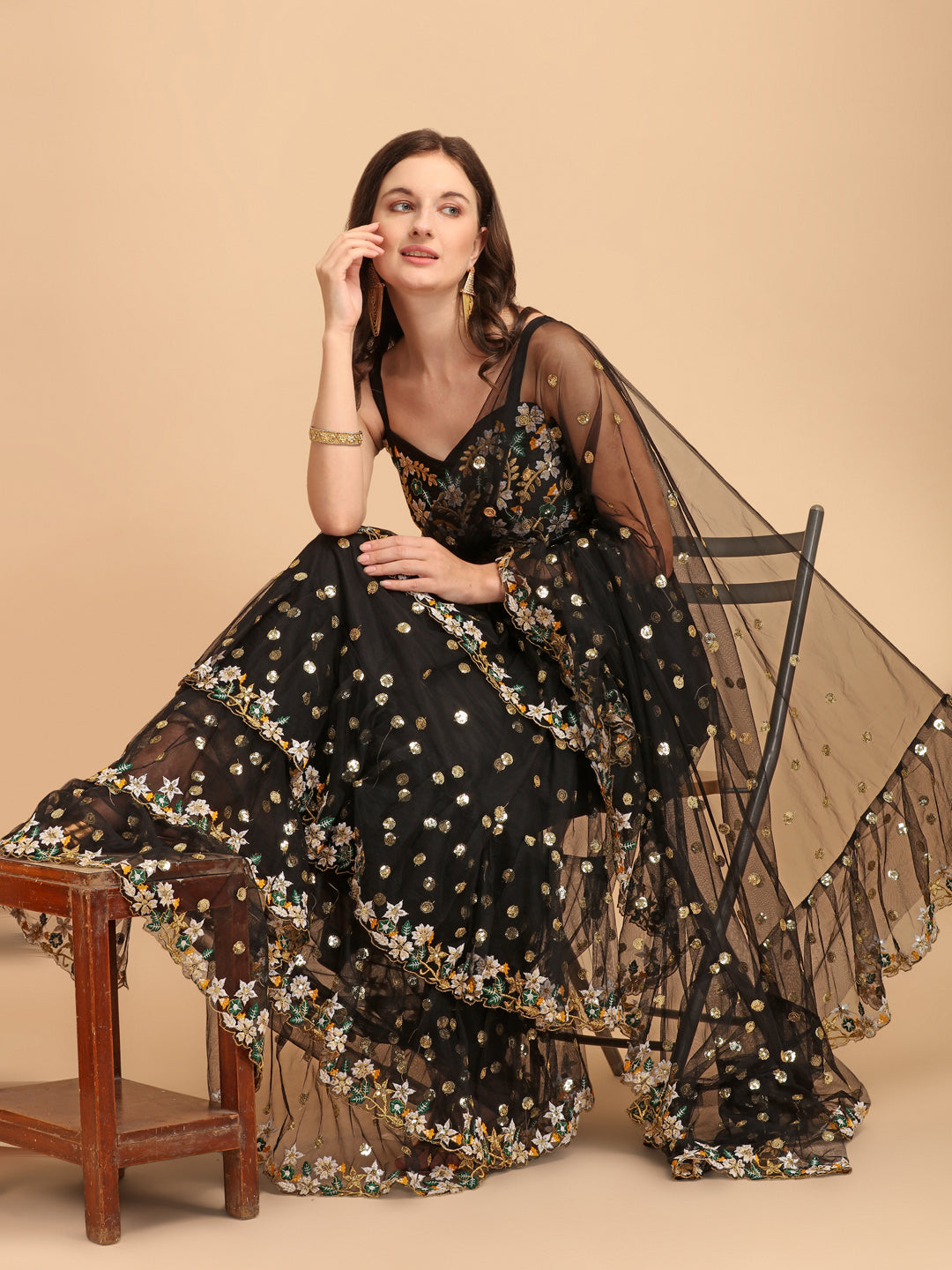 Black Butterfly Net Ruffle Saree with Fancy Sequence Embroidery