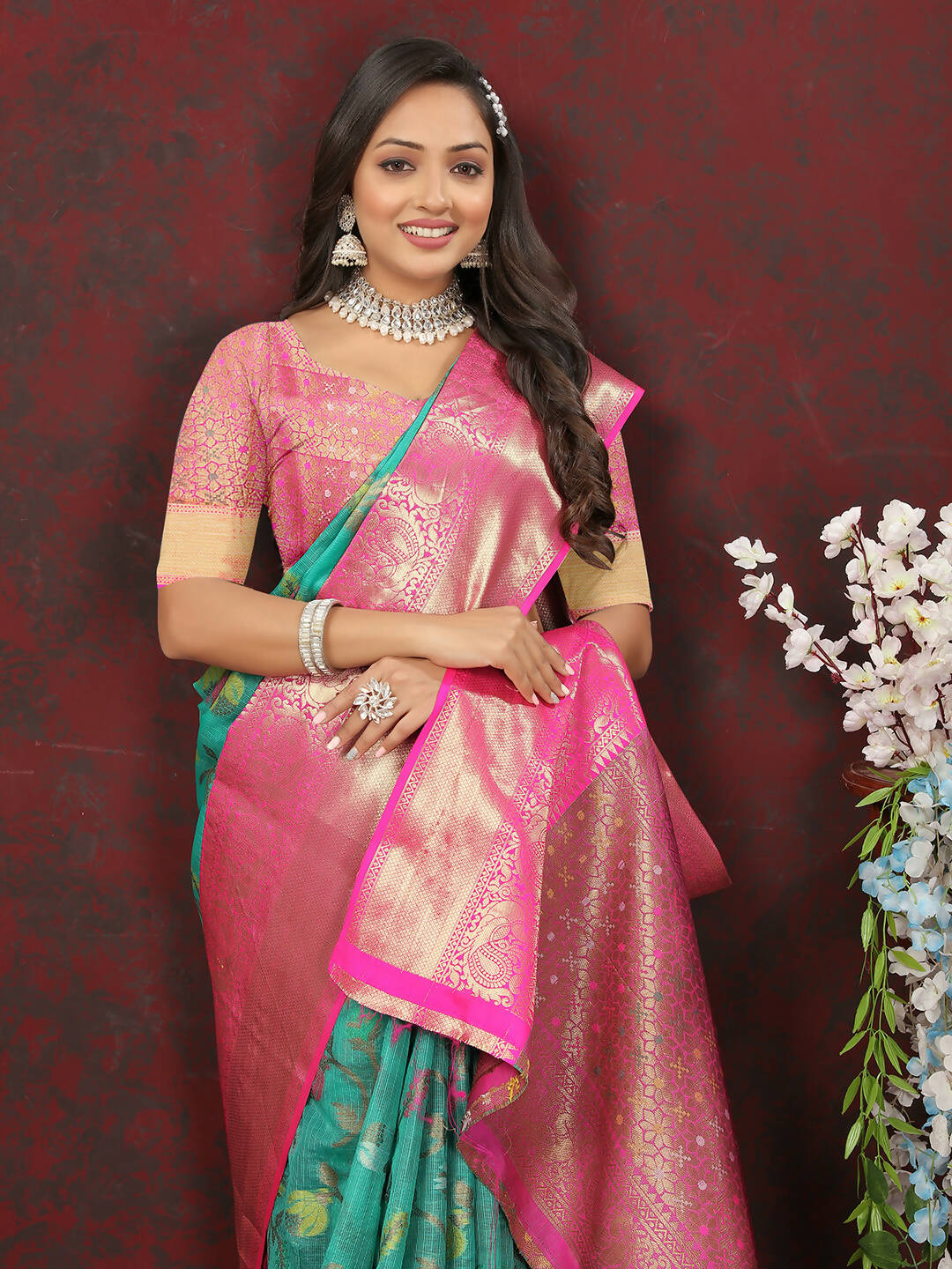 Teal Cotton Saree with Zari Meenakari Weaving and Silk Blouse
