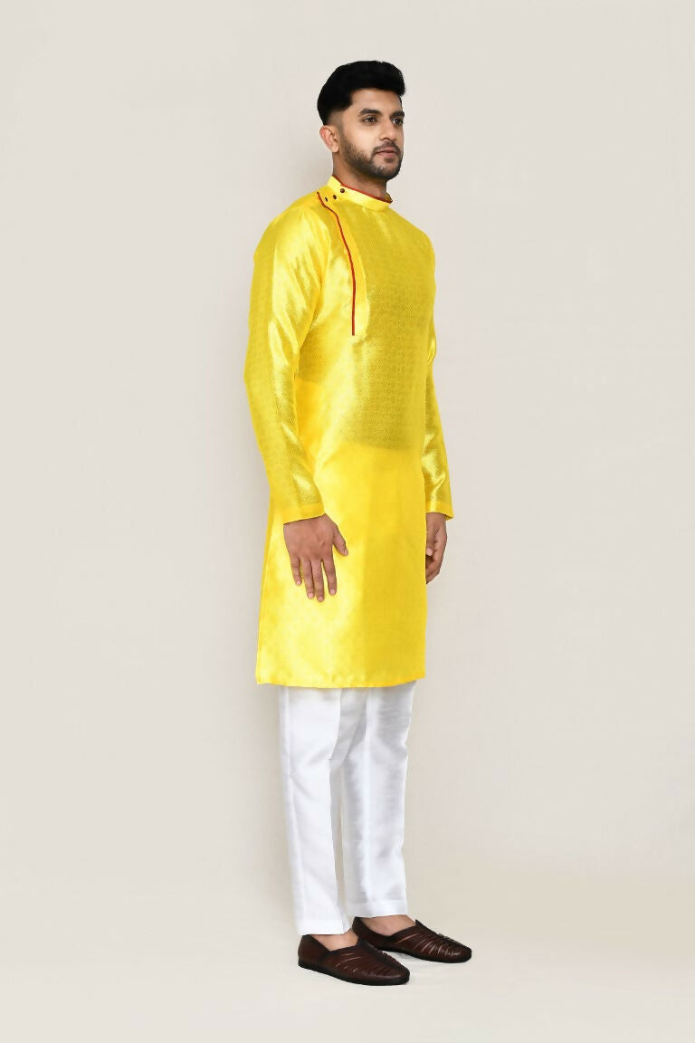 Yellow Jacquard Silk Kurta and Straight Fit Pant Set