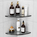SHUAIAIW 2 Tiers No Drill Corner Glass Shelf Shower Shelf for Inside Shower Shower Wall Organizer Shampoo Holder Corner Shelf for Bathroom KitchenLiving Room (Black)