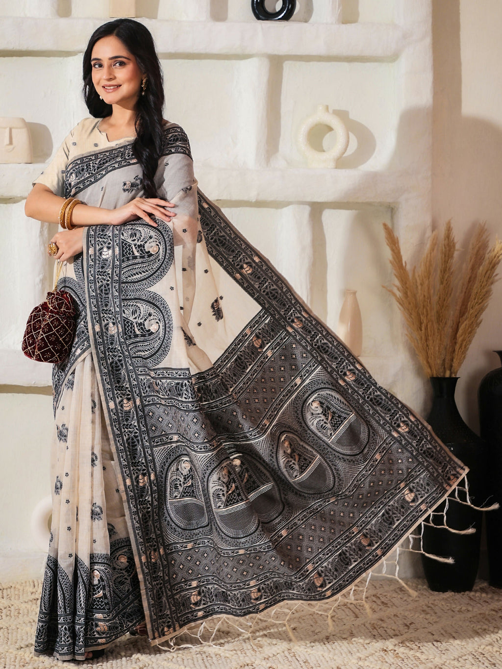 Black and Cream Linen Cotton Saree with Matching Blouse