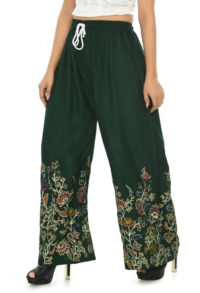 Bottle Green Floral Palazzo Pants in Soft Rayon Cotton Blend