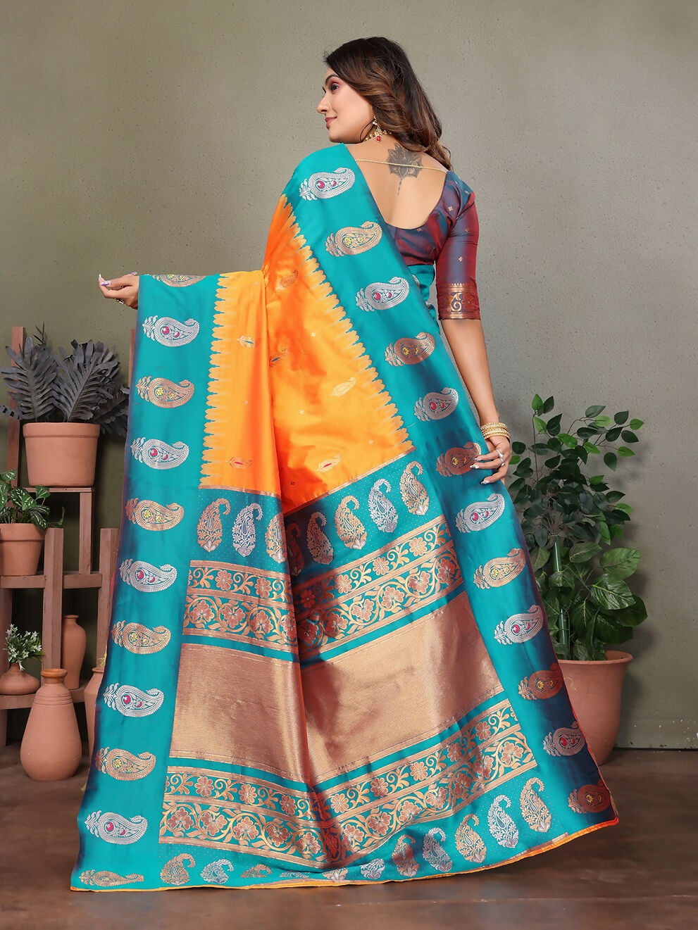 Orange Banarasi Soft Silk Saree with Delicate Butti Work