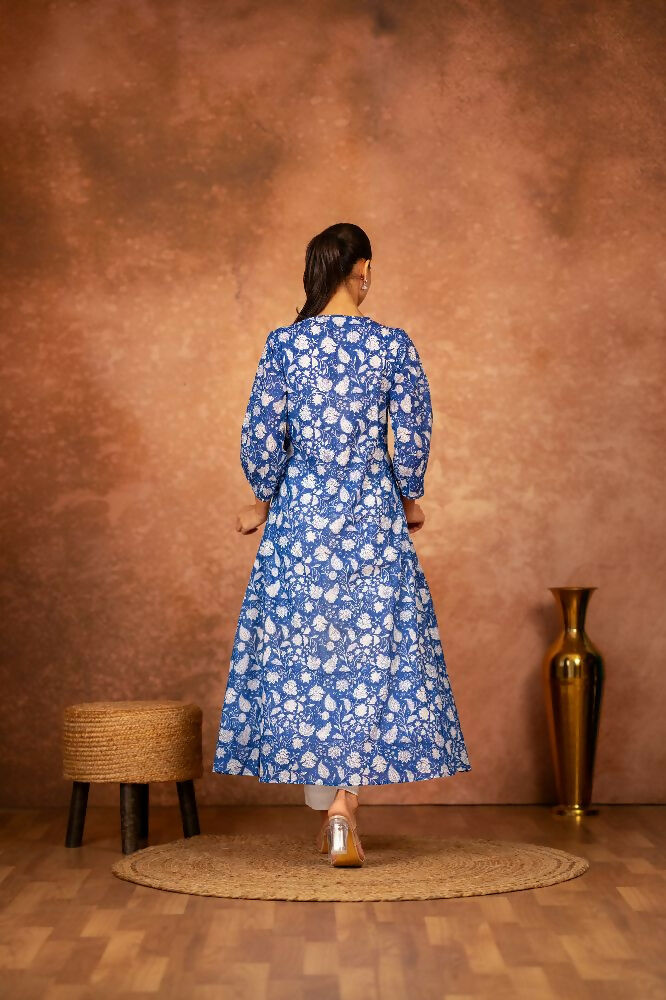 Blue Floral Hand Block Printed Cotton Kurta and Pant Set