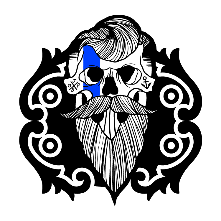 A skull-themed sticker design featuring a thin blue or green vertical line to show support for service members.