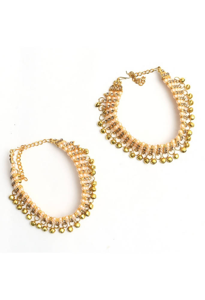 Gold-polished anklets with white pearls and small bell muvvas for traditional wear