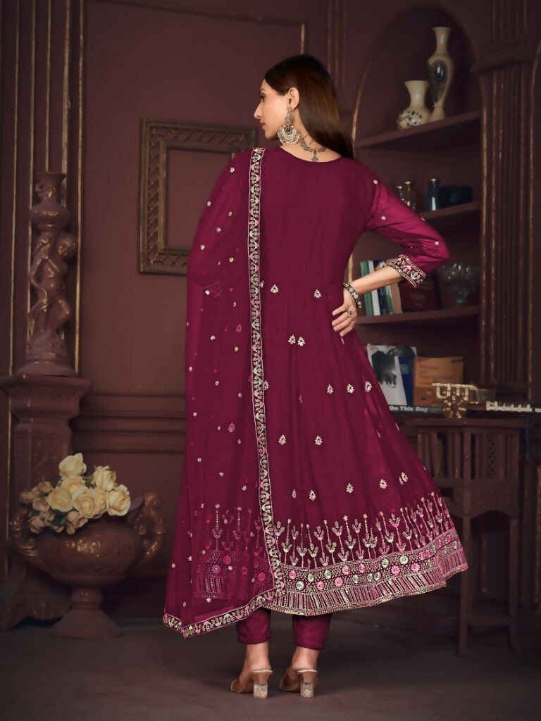 Rani Pink Georgette Embroidered Anarkali Kurta Pant Set