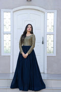 Navy blue Anarkali dress featuring intricate sequence Zari embroidery