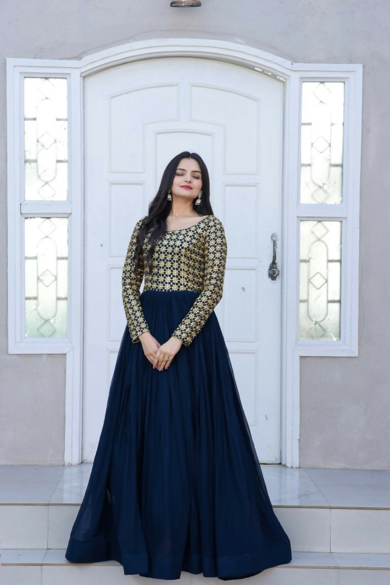 Navy blue Anarkali dress featuring intricate sequence Zari embroidery