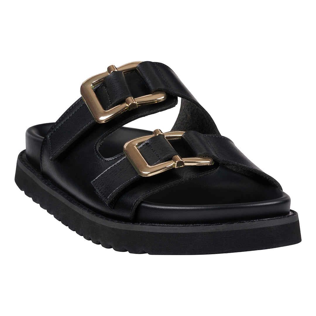 Women's Juno Black Slide Footbed Sandals with Buckle Details
