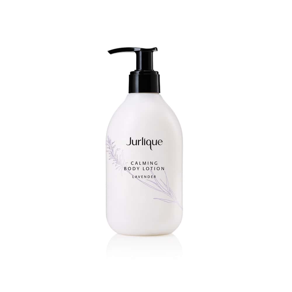 Bottle of Jurlique Lavender Calming Body Lotion, 10 OZ, white pump bottle with botanical imagery.