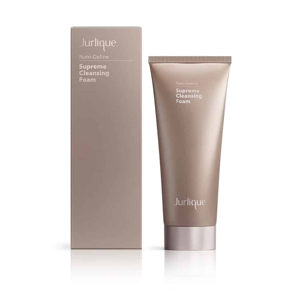 Jurlique Nutri-Define Supreme Cleansing Foam in a metallic taupe and bronze tube.