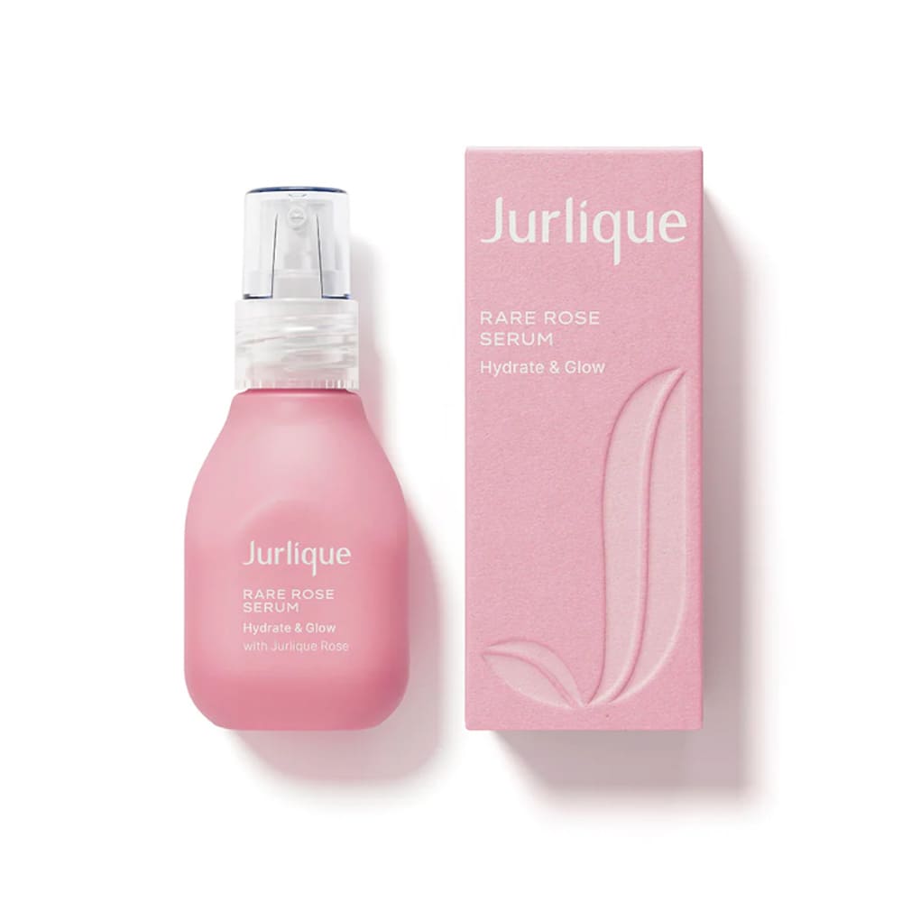 A 1 oz bottle of Jurlique Rare Rose Serum, a silky face serum for hydration and glow.