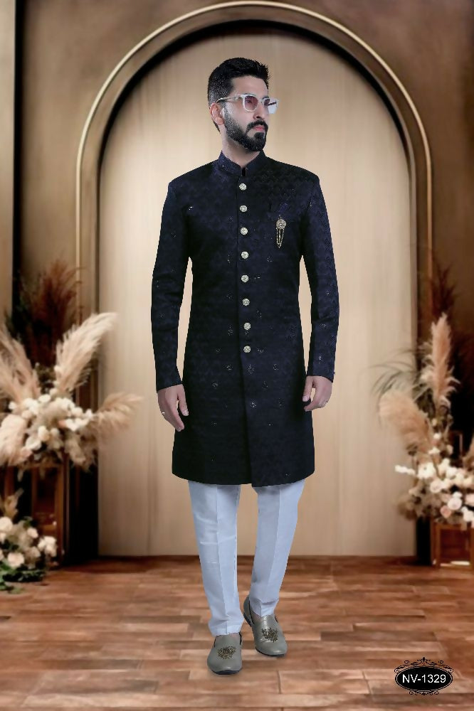 A toddler-sized blue kurta with subtle self-design patterns and matching pyjamas.
