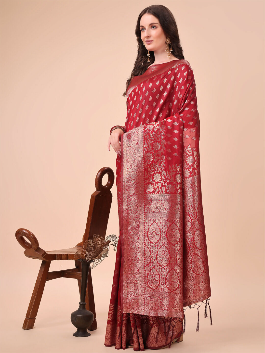 Red Lichi Silk Saree with Matching Blouse Piece