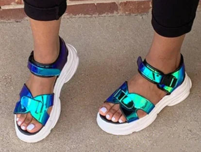 Women's Metallic Thick-Sole Platform Sandals Gold and Blue - Image 2