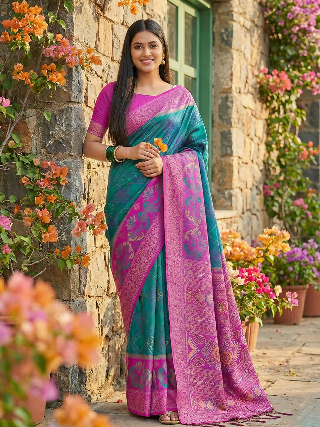 Sky Blue Pochampally silk saree with traditional geometric patterns