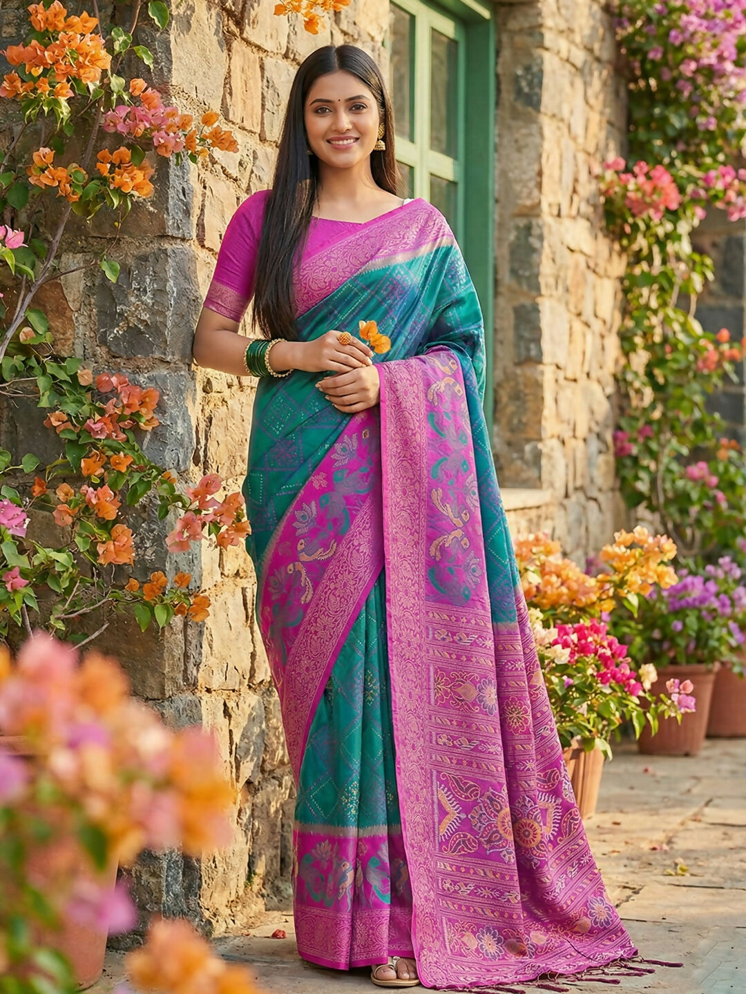 Sky Blue Pochampally silk saree with traditional geometric patterns