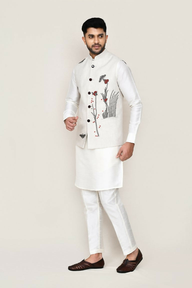 White art silk kurta set with matching jacket and straight-fit trousers for men