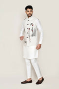 White art silk kurta set with matching jacket and straight-fit trousers for men