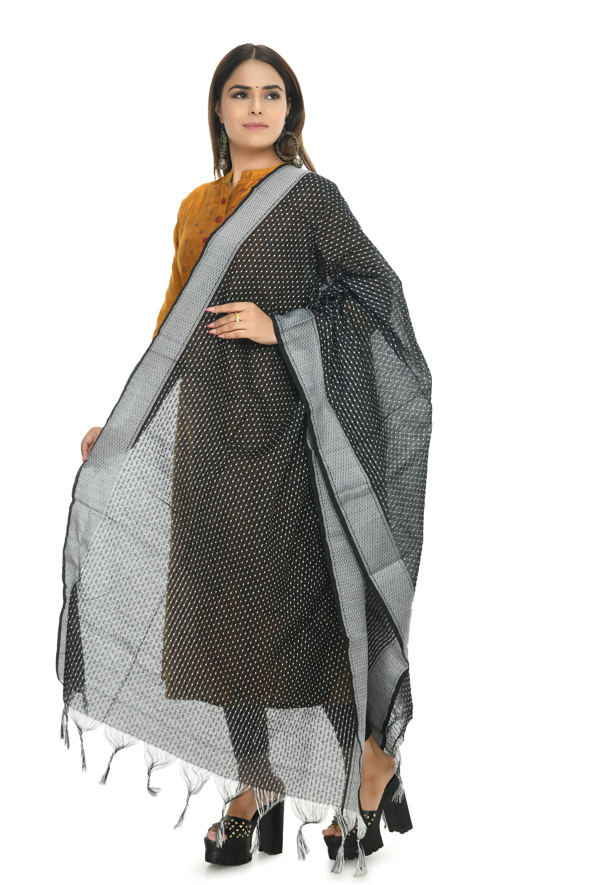 Black Dot Pattern Handloom Cotton Dupatta - Chic Ethnic Accessory