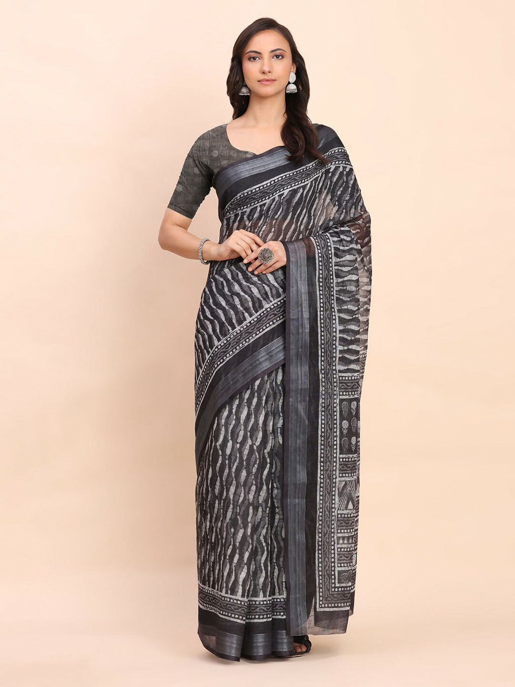 Minimalist Black Linen Cotton Saree with Matching Blouse
