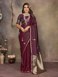 Maroon satin silk Banarasi saree with elegant botanical print