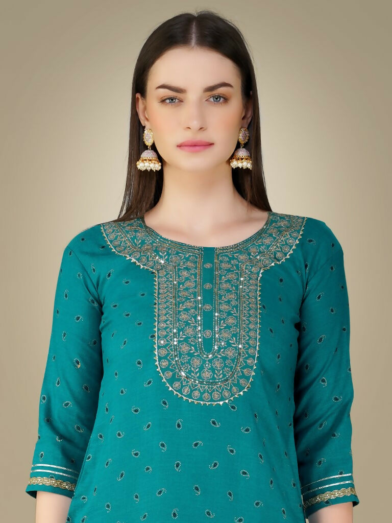 Women's Rama Cotton Magic Slub Embroidered Kurta Set with Sequins