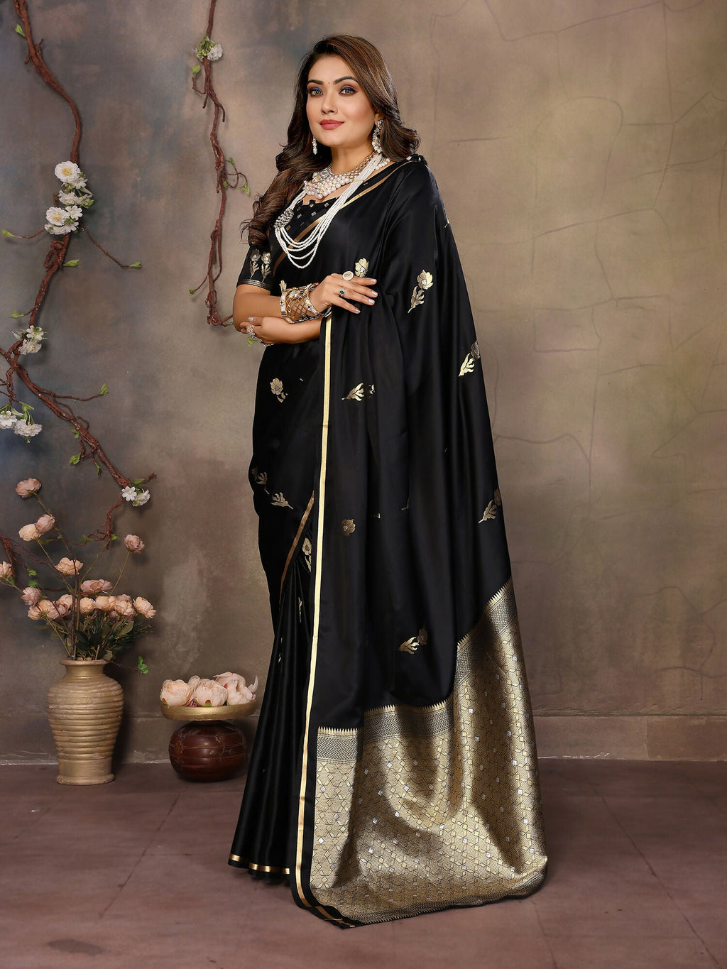 Black Floral and Botanical Satin Silk Banarasi Saree